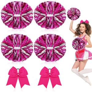 Hanaive 6 Pcs 13 Inch Cheerleading Pom Poms and Large Bows for Girl Cheer Poms Metallic Poms with Handle for Softball Dance (Pink)