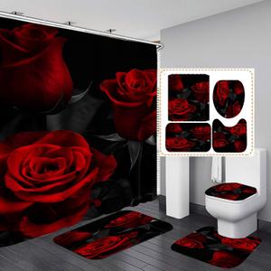 4 Pcs Rose Shower Curtain Set, Flower Romantic Rose Curtain with Non-Slip Rug,Toilet Lid Cover,U Shape Mat,Waterproof Shower Curtains with 12 Hooks Bathroom Decor, Red Black 72"72"
