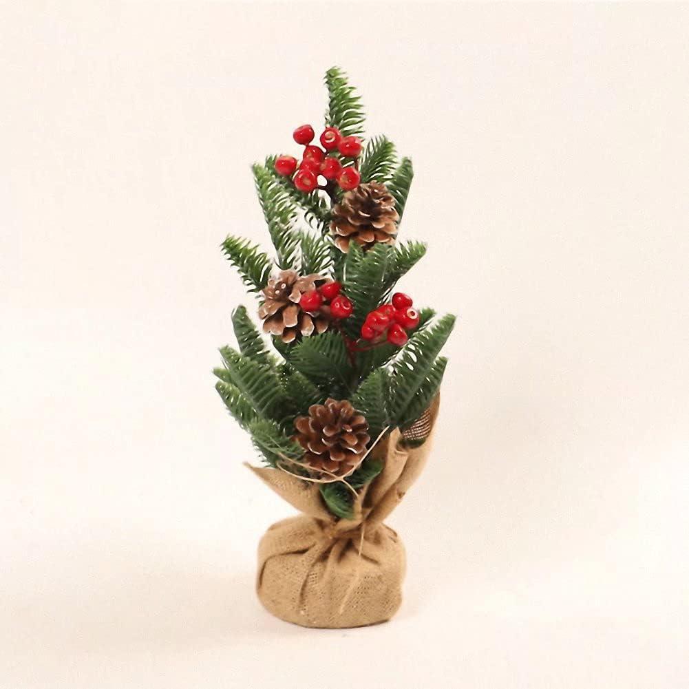Tabletop Christmas Pine Tree with Burlap Base, 16 Inch Miniature Xmas Tree with Red Berries and Pine Cone