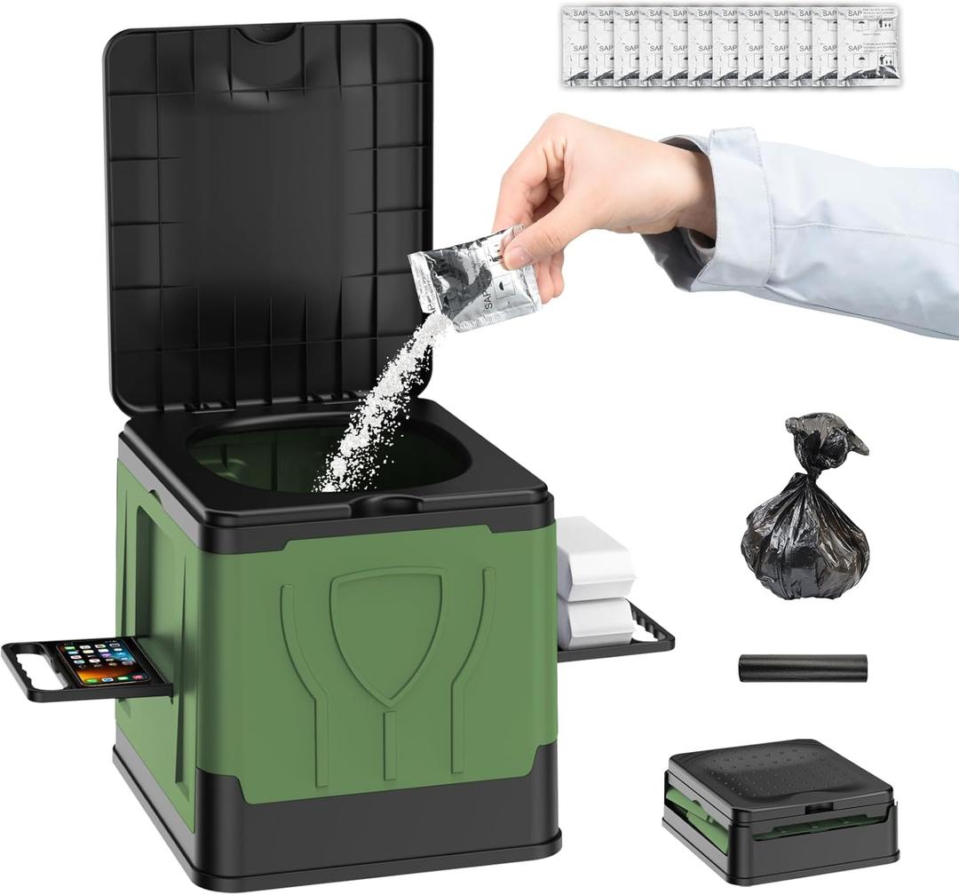 Collapsible Portable Toilet for Camping, Travel, Outdoor, Car, RV & Emergency Use, Potty with Paper Holder for Adults & Kids (Green)