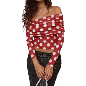 WDIRARA Women's Mesh Polka Dots Off Shoulder Crop Top Ruched Long Sleeve Slim Fit Sheer Tee Shirt (Red)