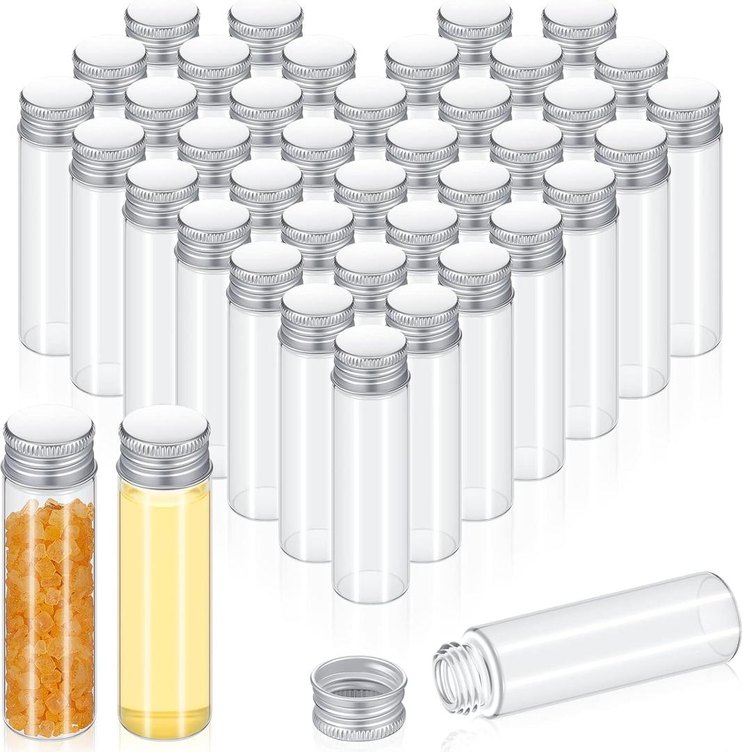 100 Pcs Small Clear Vials Spice Mini Jars with Lids Mini Glass Bottles with Screw Aluminum Metal Caps Tiny Jars Sample Containers for Powder Cream Cosmetic Jewelry Wedding (20 ml,Silver Caps)