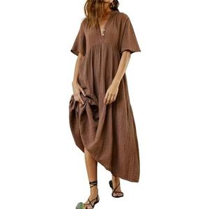 R.Vivimos Womens Summer Cotton Flowy Maxi Dress Short Sleeve V Neck Empire Waist Boho Tiered Ruffle Casual Loose Long Dresses S, Brown