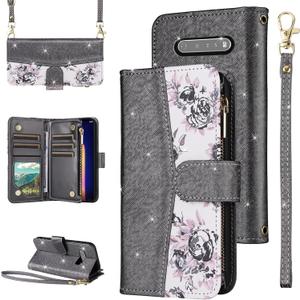 for LG V60 ThinQ V60ThinQ 5G G9 Thin Q Floral Wallet Case Flip Zipper Purse Wrist Strap Shoulder Strap, Luxury Glitter Card Holder Stand Phone Cover for LGV60 V 60 60ThinQ 60V Women Black
