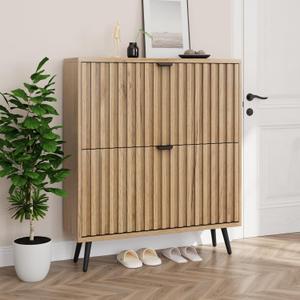 Smuxee Shoe Cabinet with 2 Flip Drawers, 31.5" Natural Hidden Shoe Storage Cabinet with Fluted Design, Freestanding Shoe Organizer Cabinet for Entryway, Hallway, Closet, Living Room (31.5 in (80 cm)) Natural With Flip Drawer