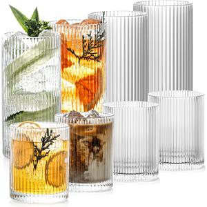 Ribbed Drinking Glasses Set of 8 - Vintage Glassware with 4 Highball (13oz) & 4 Rocks (10oz) Glass Cups, Elegant Cocktail Glasses for Water, Juice, and Ice Coffee, Mixed Drinkware