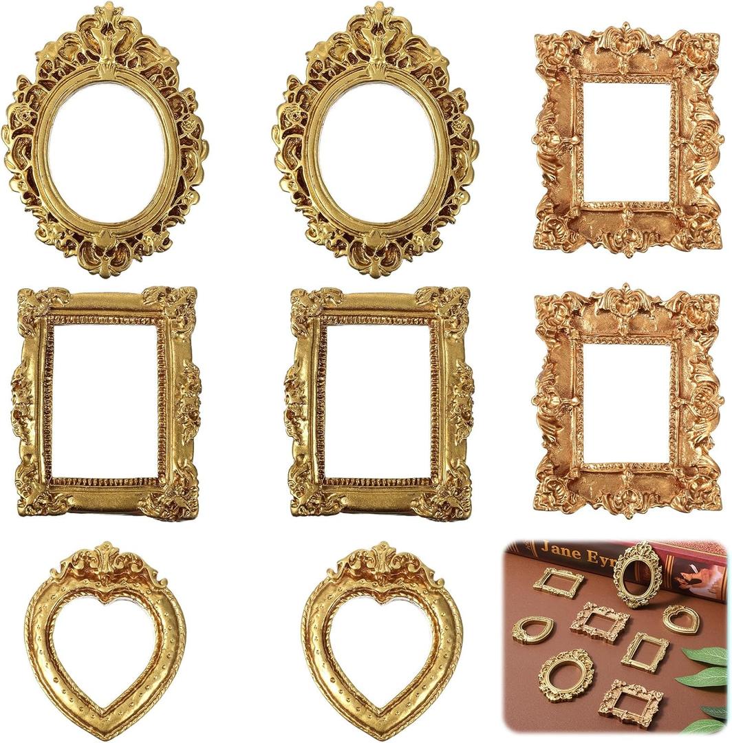 Tyqour 8PCS Mini Gold Picture Frames Vintage Small Resin Miniature Tiny Picture Frames for Crafts Antique Mini Photo Frame for DIY Jewelry Christmas Holiday Party Hotel Decor