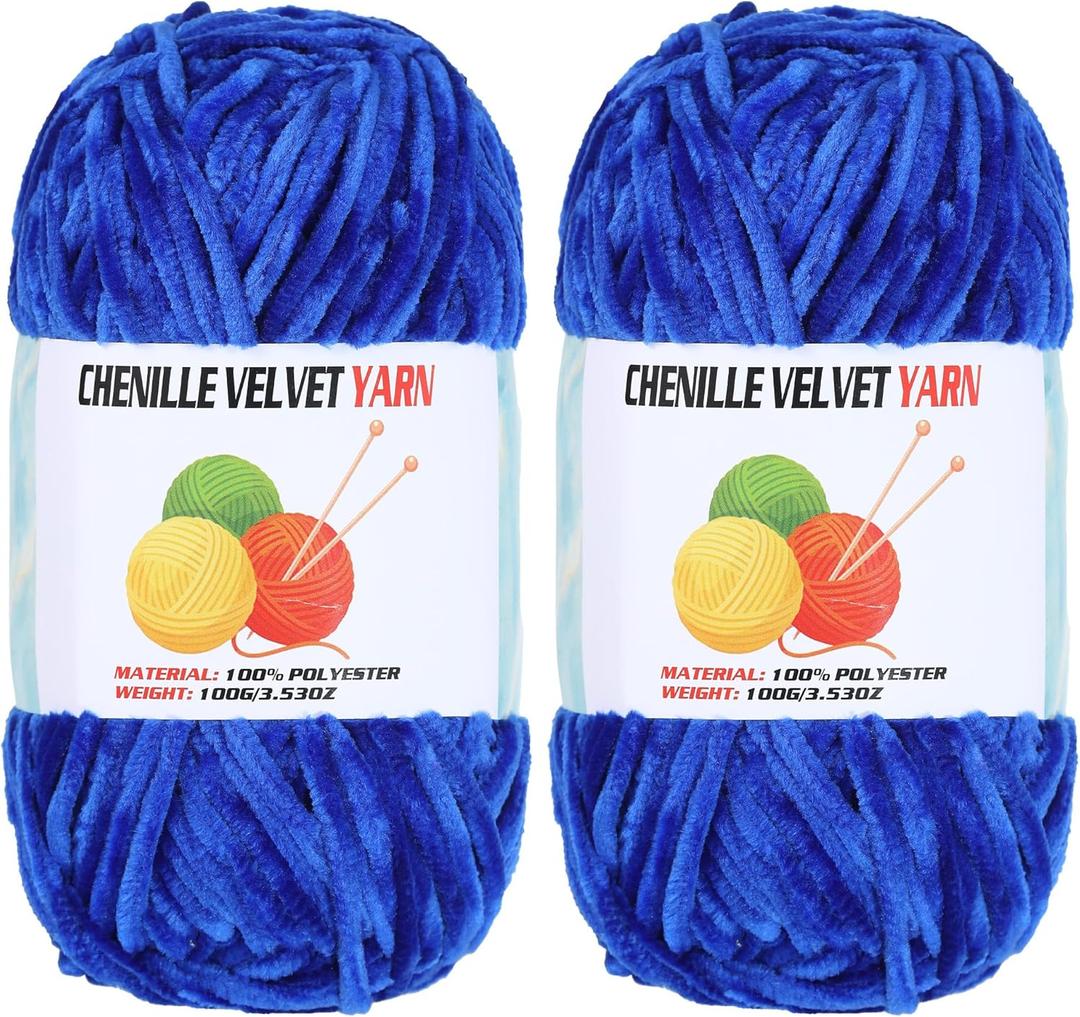 2 * 100g Velvet Chenille Chunky Yarn, Handcrafts Weaving Soft Chenille Yarn for Crocheting Clearance, Used for Making Baby Yarns Blanket, Clothes, Knitting Creations (Sapphire Blue)