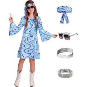 BesserBay Girl's 70s Disco Diva Costume Bell Sleeve Sequins Dancing Dress (Light Blue, 10 Years Old)