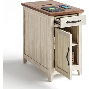 LINSY HOME Farmhouse End Table with Charging Station, Narrow Side Table for Living Room, Sofa Side Table with Drawer and Storage Cabinet, Small Nightstand for Home Office (Wood Door, Washed Grey and Brown)