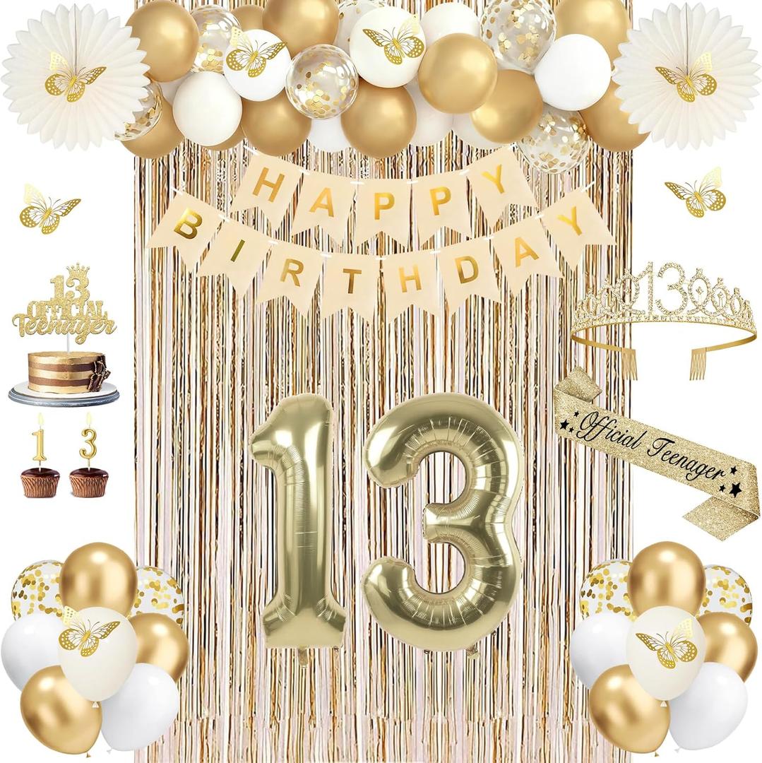 13th Birthday Decorations for Girls, Gold 13 Birthday Girl Decorations, Official Teenager 13 Sash and Crown, Banner, Fringe Curtains, Hanging Paper Fans, 13 Year Old Party Supplies Set