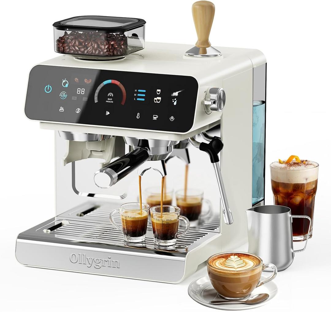 Ollygrin 20 Bar Espresso Machine with Grinder, Espresso Maker with 19 Grinding Settings, Coffee Machine with Pressure Gauge, 94.7Oz Removable Water Tank for Latte & Cappuccino