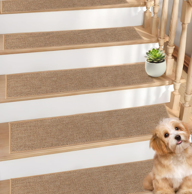 Szyeequoo Stair Treads Non Slip,Stair Treads for Wooden Steps Indoor,15 Pcs 8*30inch Stair Treads,Reusable Adhesive Stair Runner for kids&Dogs,Surface Polyester TPE Backing Carpet Stair Treads Brown