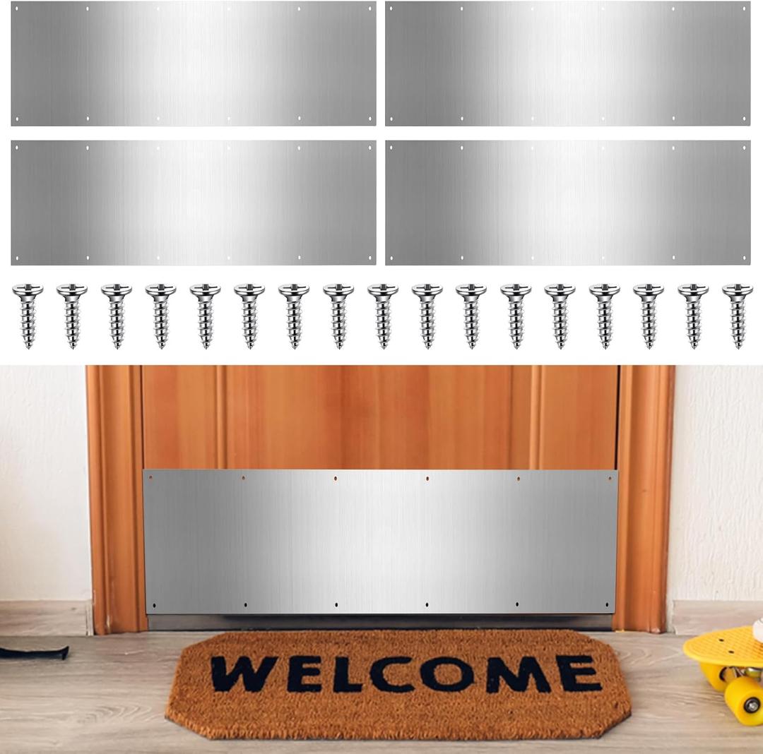 Therwen 5 Sets 10 x 36 Inches Silver Door Kick Plate for Exterior Doors, Satin Aluminum Kick Plates with Screws for Wood Metal Interior/Exterior Anti Scratch Door Protection