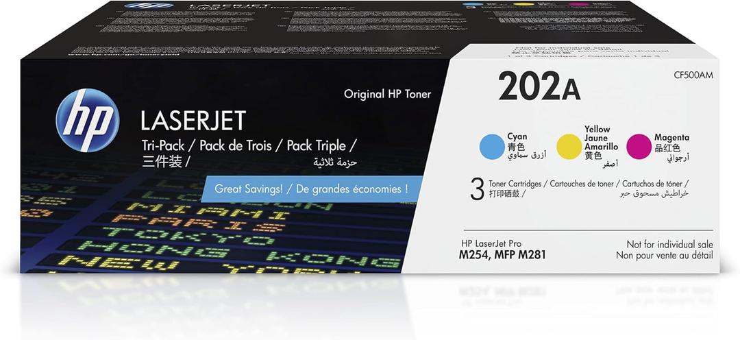 HP 202A Cyan, Magenta, Yellow Toner Cartridges for HP Printers (3-pack) | Works with Color LaserJet Pro M254, Color LaserJet Pro MFP M281 Series | CF500AM