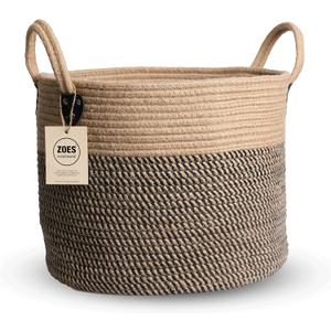 14"x12" Natural Jute Rope Woven Storage Basket with Handles for Plant, Blankets,Toys,Clothes,Shoes - Living Room Home Decor,Multifunctional Basket for Organizer,Picnic,Artificial Tree (Large, Brown and Black)