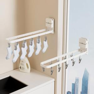 2 Pack Wall Mounted Suction Cup Clothes Drying Rack with 20 Clips, Portable & Collapsible Sock Hanger for Drying Socks, Bras, Underwear, Baby Clothes,Towels, White