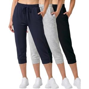 Real Essentials 3-Pack: Women's Ultra Soft Lounge Capri Joggers Sweatpants Athletic Yoga with Pockets Standard, Medium, Set 10