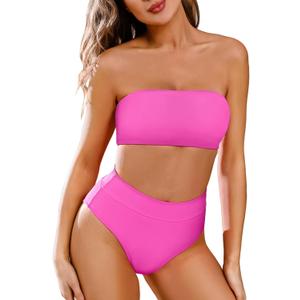 Pink Queen Women's 2 Piece Bathing Suit Off Shouler Bandeau Bikini Swimsuit Top High Cut Thong Swimwear Pink S Pink Queen Women's 2 Piece Bathing Suit Off Shouler Bandeau Bikini Swimsuit Top High Cut Thong Swimwear Pink S