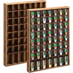 Barydat Shot Glass Display Case Wood Shot Glass shelf holder 56 Compartments Wall-mounted Rustic Bar Cabinet(Brown, 2 Pcs)