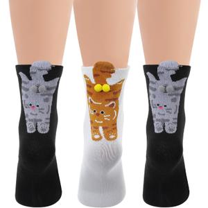 3 Pairs Cat Ball Socks, Cute Cat Socks with Balls 3D Novelty Cotton Animal Sock Funny Crew Sock for Women Girls