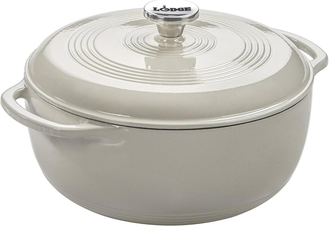 Lodge 6 Quart Enameled Cast Iron Dutch Oven with Lid  Dual Handles  Oven Safe up to 500 F or on Stovetop - Use to Marinate, Cook, Bake, Refrigerate and Serve  Oyster White