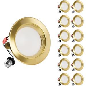 ZYC Gold 4 Inch Retrofit LED, 12 Pack Dimmable Retrofit Downlights can Light, 2700K/3000K/4000K/5000K/6000K Selectable, Damp Rated Can Lights, Baffle Trim, 9W 800Lm(Gold, 4 inch)