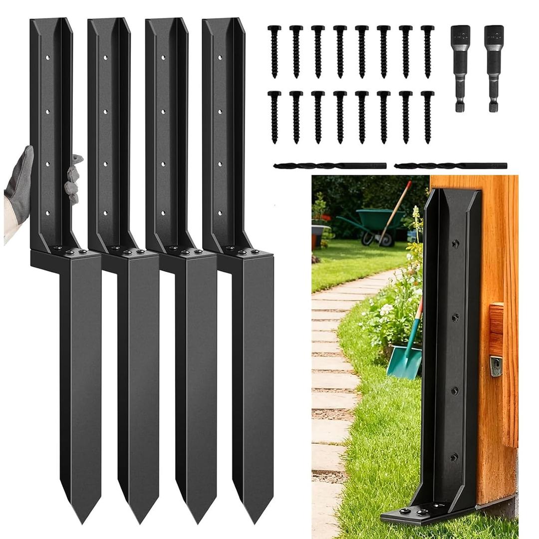 4PCS Fence Post Repair Kit, Heavy Duty Fence Post Anchor Quick Fix for Broken/Leaning Wooden Fence, Easy to Install, Black