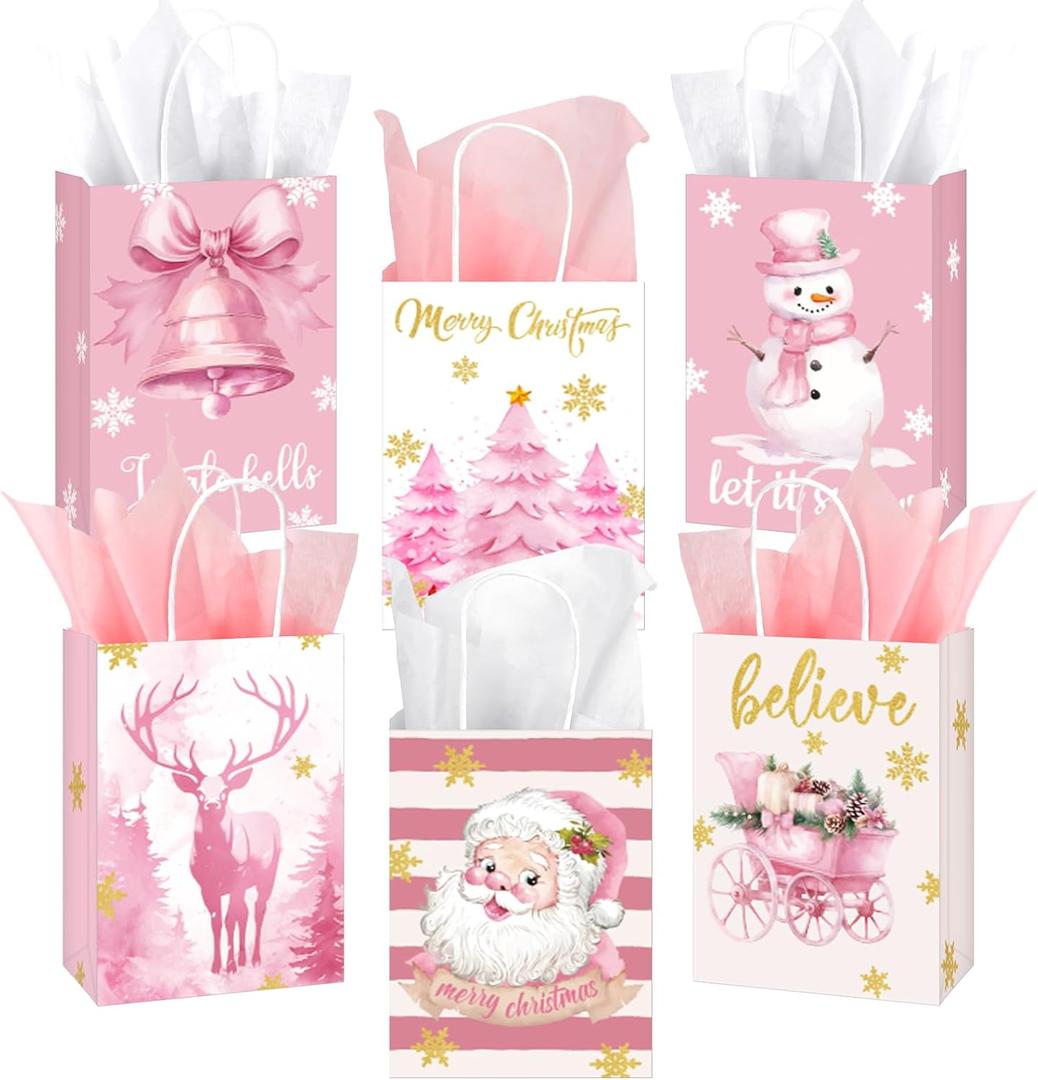 Abbylike 48 Pcs Pink Christmas Gift Bags with Handle 6.3x3.2x8.7'' Christmas Wrapping Bag with Tissue Paper Merry Xmas Paper Goodie Treat Bag for Holiday New Year Baby Shower Party Favor Gift Wrapping