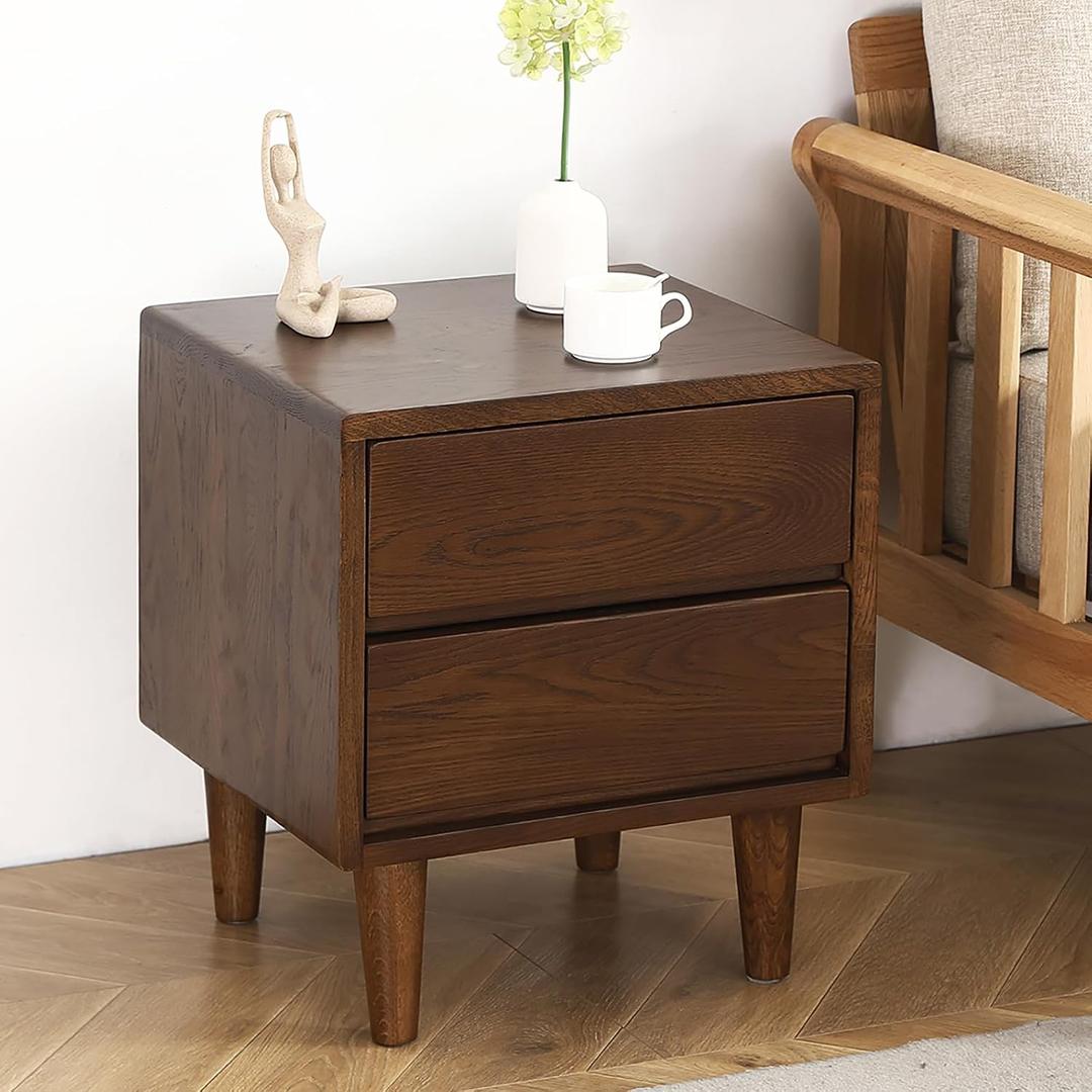 Solid Oak Wood Nightstand, Bedside Table with 2 Drawer, Mid-Century Luxury Night Stand, Modern Sofa Side End Table, Farmhouse Wooden Night Stand for Bedroom, Easy Assembly, Walnut Color