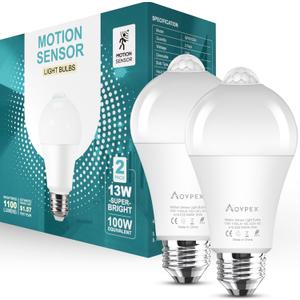 Motion Sensor Light Bulbs, Dusk to Dawn, 13W 100W Equivalent, Movement Activated Security LED Bulb, 5000K Cool White, for Outdoor Indoor, Porch Garage Basement Hallway Closet, 2 Pack