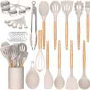 Umite Chef Kitchen Cooking Utensils Set, 33 pcs Non-Stick Silicone Cooking Kitchen Utensils Spatula Set with Holder, Wooden Handle Silicone Kitchen Gadgets Utensil Set (Khaki)