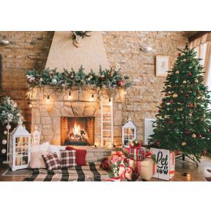 Christmas Fireplace Backdrop 10x8ft  Rustic Holiday Hearth with Garland, Tree & Gifts  Vinyl Photo Background for Xmas Family Party, Home Decoration, Photography Booth D470