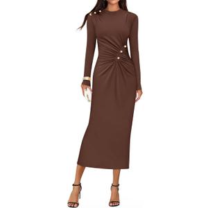 ZESICA Womens 2026 Fall Long Sleeve Mock Neck Bodycon Midi Dress Ruched Knit Elegant Party Cocktail Formal Dresses (Brown, M)
