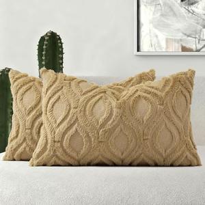 decorUhome Throw Pillow Covers 12x20 Inch Set of 2, Soft Plush Faux Wool Khaki Solid Couch Pillow Covers, Accent Farmhouse Neutral Rectangle Pillow Cases for Sofa Bed Living Room