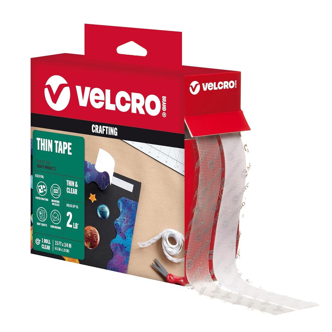 VELCRO Brand Thin Clear Tape | 15 Ft x  | Cut Strips to Length | Home Office or Crafts Fastening Solution | Large Roll, 91325
