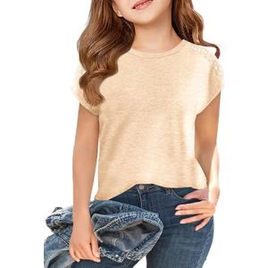 Haloumoning Girls Summer Swiss Dot Short Sleeve T-Shirts Kids Crewneck Tops Cute Fashion Tees 5-14 Years (Beige)