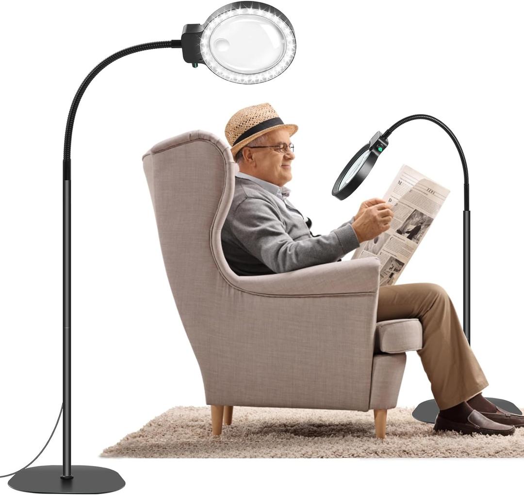 10X 30X Floor Magnifying Glass with Light and Stand,36 LED Flexible Gooseneck Floor Magnifying Lamp, Adjustable Brightness Large Lighted Magnifiers for Reading,Sewing,Crafts,Painting,DIY,Close Work (Black)