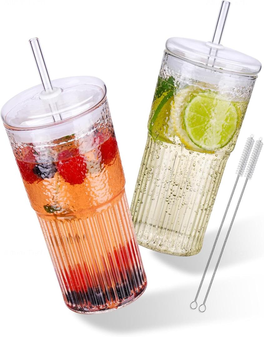 NiHome High Borosilicate Glass Tumbler Cup with Lid and Straw, 22oz Clear Iced Coffee Glass Cups Drinking Jars Glasses Smoothie Tea Cup with Straws, Wide Mouth Water Tumbler With Muffler Ring - 2 Pack