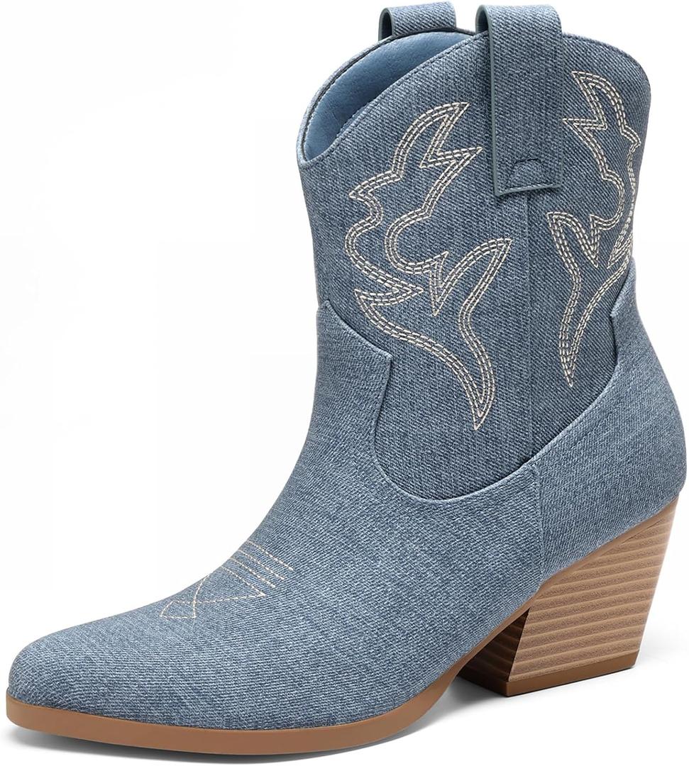 DREAM PAIRS Women's Cowboy Cowgirl Boots Embroidered Stitched Short Western Boots Low Chunky Heel Pointed Toe Ankle Booties