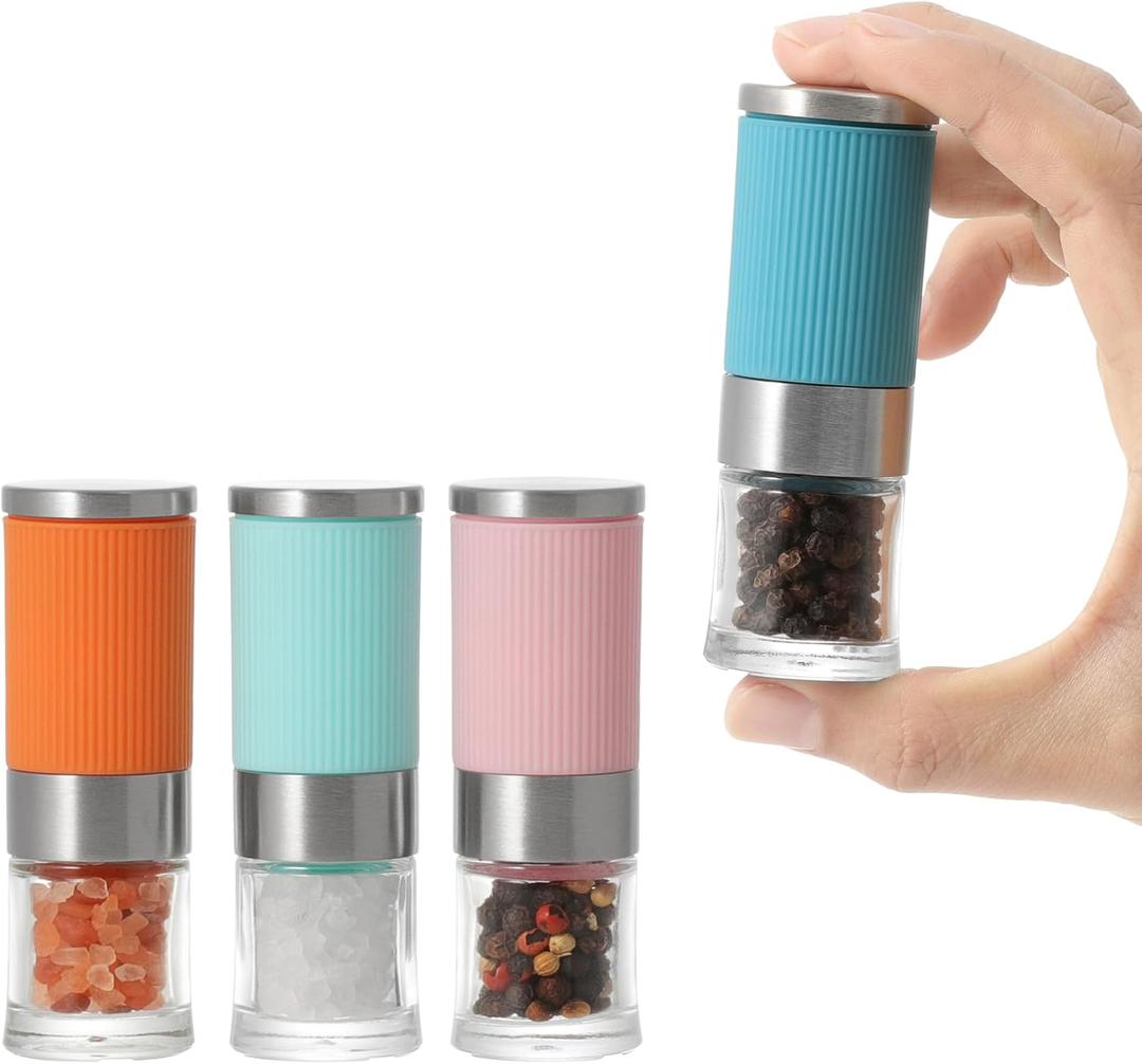 VEVOK CHEF Small Salt and Pepper Grinder 4Pcs Portable Mini Glass Salt Spices Grinder Ceramic Salt Black Pepper Shakers Tiny Pepper Mill Salt Grinder for Travel Lunch Box Kitchen Gift (colorful)