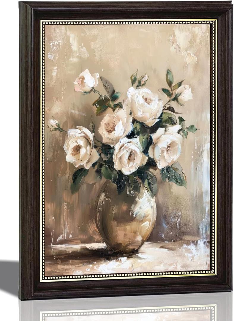 Black Gold Framed Vintage Still Life Floral Wall Art, White Rose Painting Picture Wall Decor, Country White Flower Poster Print Artwork for Bedroom, Living Room, Office Room, Home Decoration 12x16inch