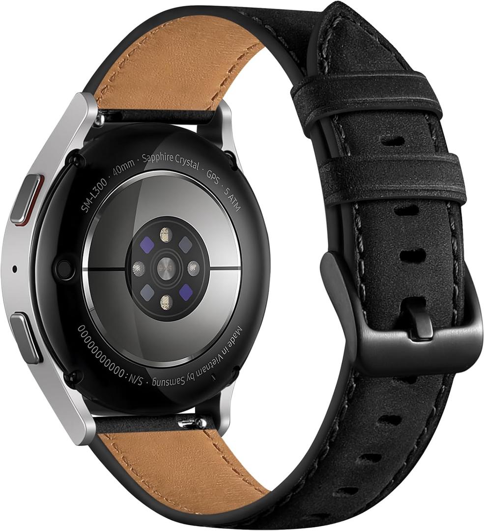 Haveda 20mm Leather Watch Band for Samsung Watch Bands/Galaxy Watch 7 6 5 4 Band 40mm 44mm, Retro Black Rugged Leather Strap Replacement Wristband for Galaxy Watch 5 Pro/4 6 Classic Band Men Women