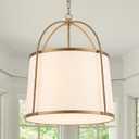 Rustic Modern Chandelier for Entryway, Dining Room Chandelier with Off-White Fabric Shade, Gold Pendant Light Fixture for Bedroom Kitchen Farmhouse