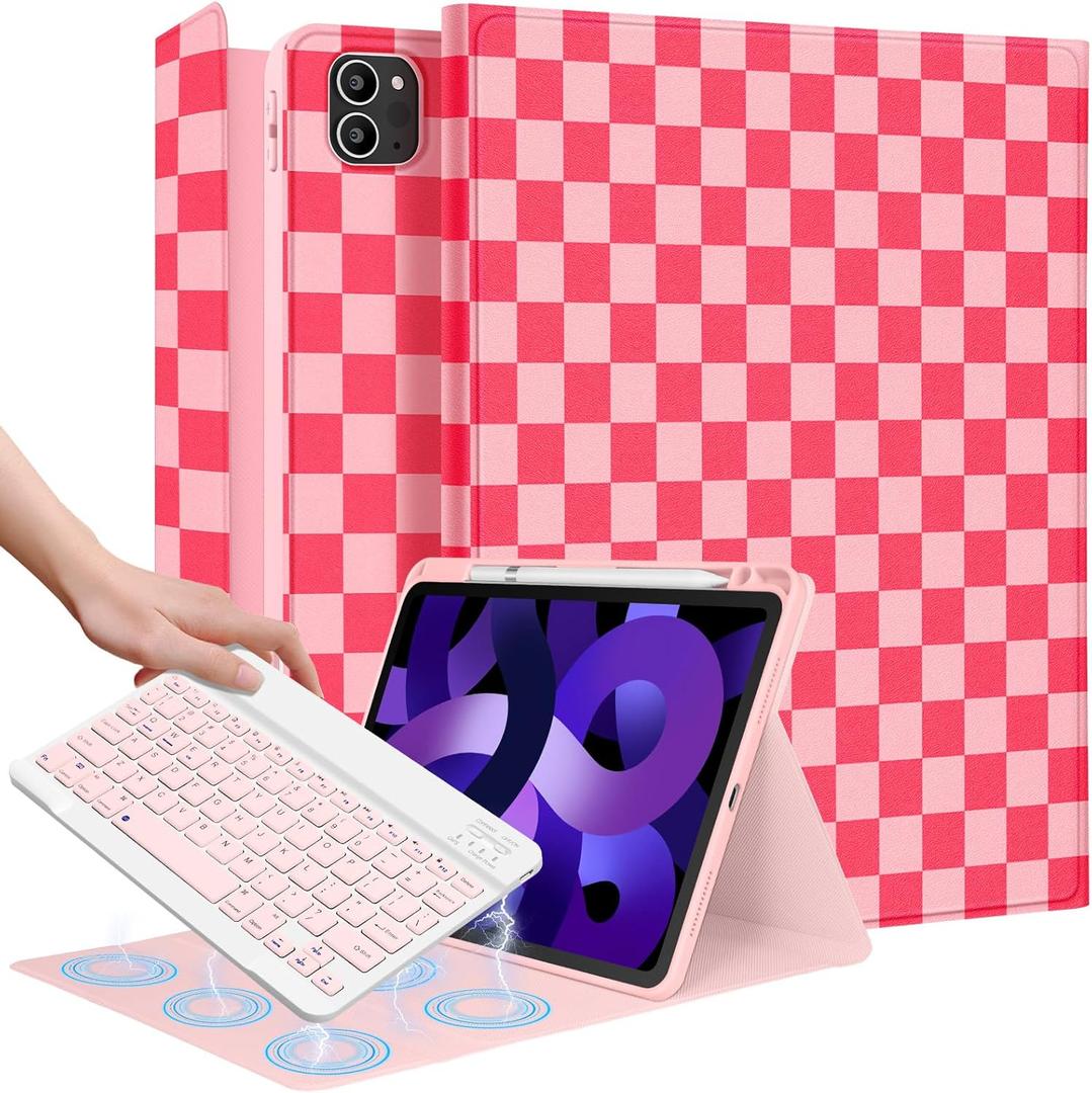Wazzasoft for iPad Air 11 inch case with Keyboard M3/M2, Air 5th/4th Generation 10.9'', Pro 11 Case with Pencil Holder Folio Women Girl Cute Kawaii for Apple Tablet Cover Air 11 M3/M3, Pink Checkered