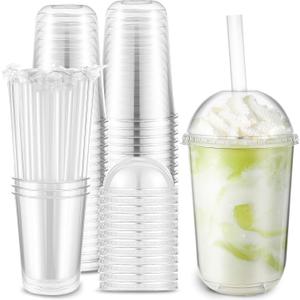 Ziliny 50 Set Clear Plastic Cups with Dome Lids and Straws Sturdy & Food Safe Disposable U Shaped Cups for Cold Drinks Smoothie Milkshake Bubble Tea Juice Cocktail Iced Coffee Party (16 oz)