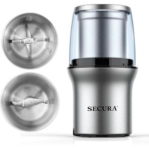 Secura Electric Coffee Grinder and Spice Grinder with 2 Stainless Steel Blades Removable Bowls Secura Electric Coffee Grinder and Spice Grinder with 2 Stainless Steel Blades Removable Bowls