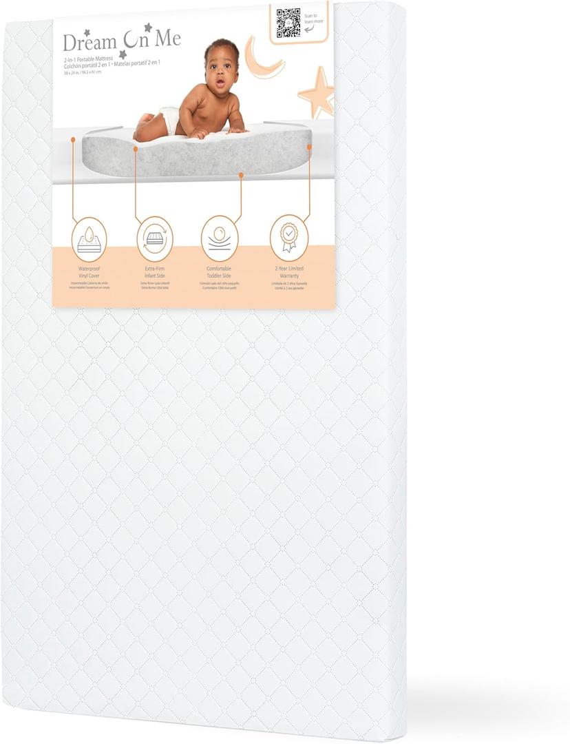 Dream On Me Sunset 2-in-1 Mini Crib Mattress, Dual-Sided Infant & Toddler, Waterproof Cover, GREENGUARD Gold Certified, 38 x 24 x 3, Fits Mini & Select Portable Cribs, Not for Playards