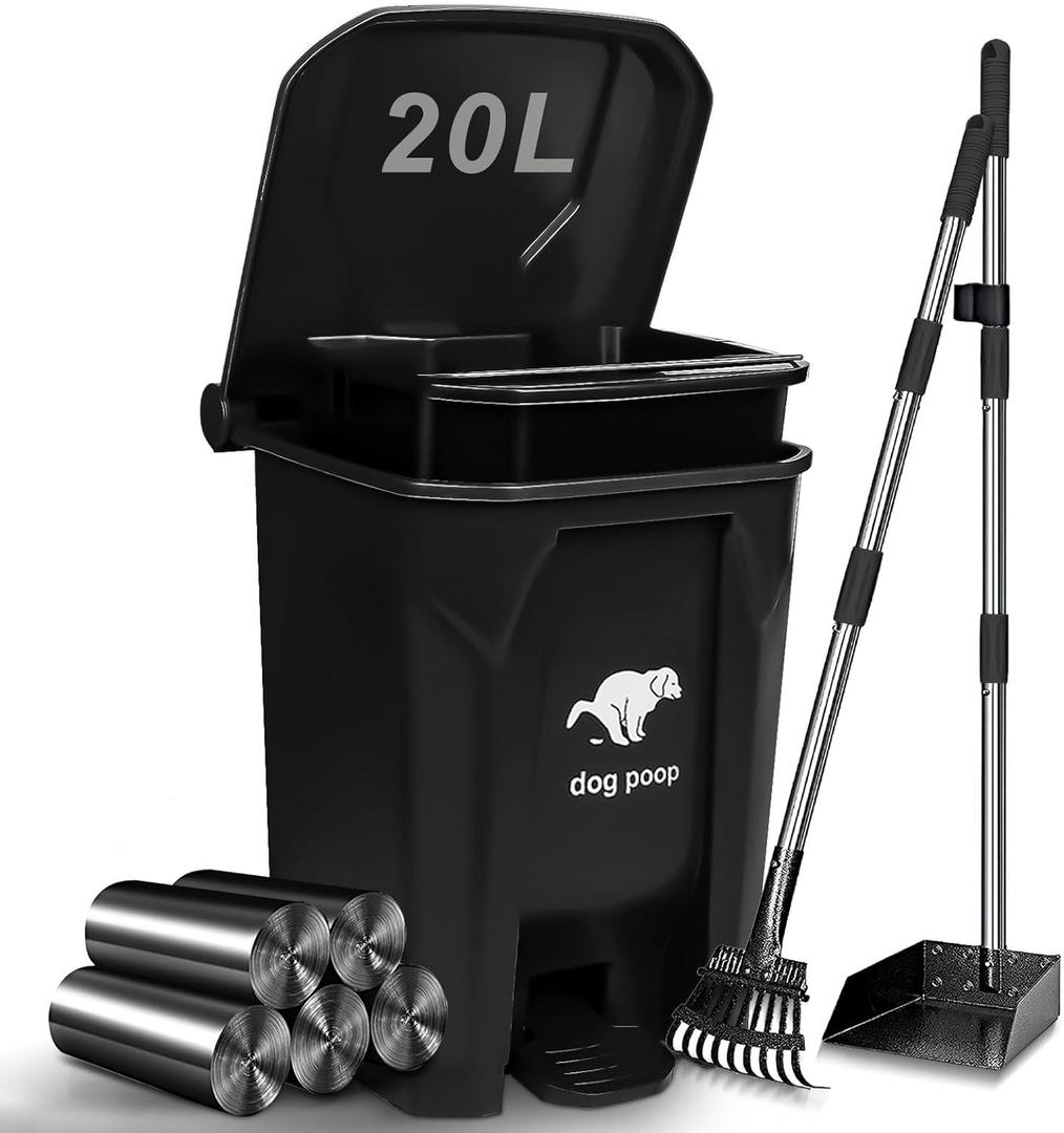 Dog Poop Trash Can Outside with Pooper Scooper, 20L/5Gal Dog Waste Trash Can with Lid, Pedal and Removable Inner Bin, Dog Poop Bin with Metal Rake & Tray and 100 Bags