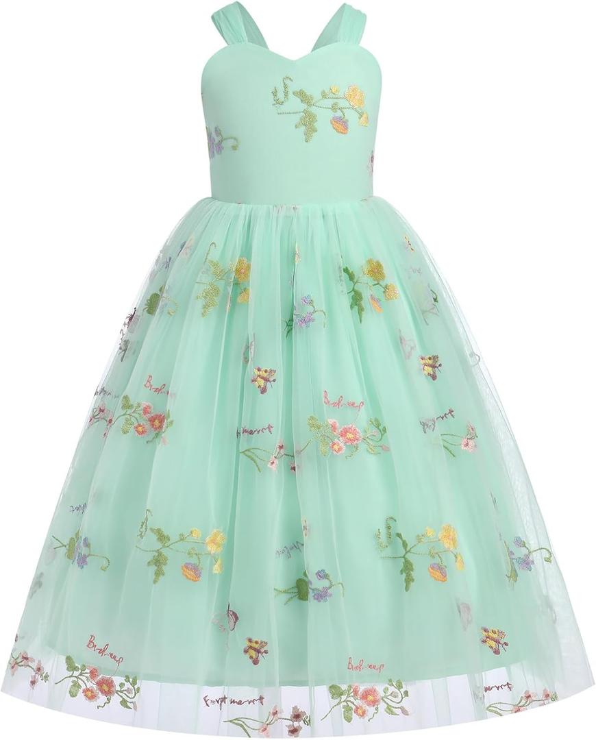 Flower Girl Dress Princess Sleeveless Floral Embroidered Kids Summer Wedding Pageant Birthday Tutu Tulle Dress (3-4T, Green)
